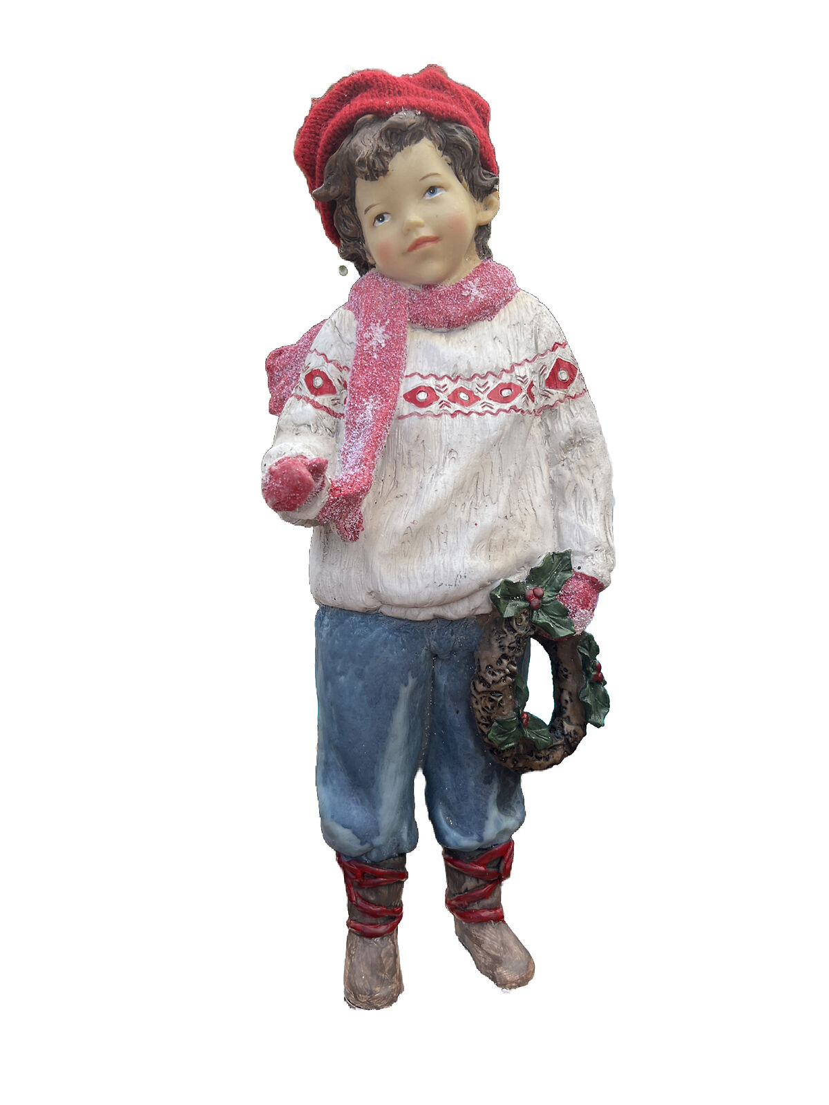 Farmhouse Christmas Sweater Boy Figure w/ Wreath And Snow 13” Tall Cottage core