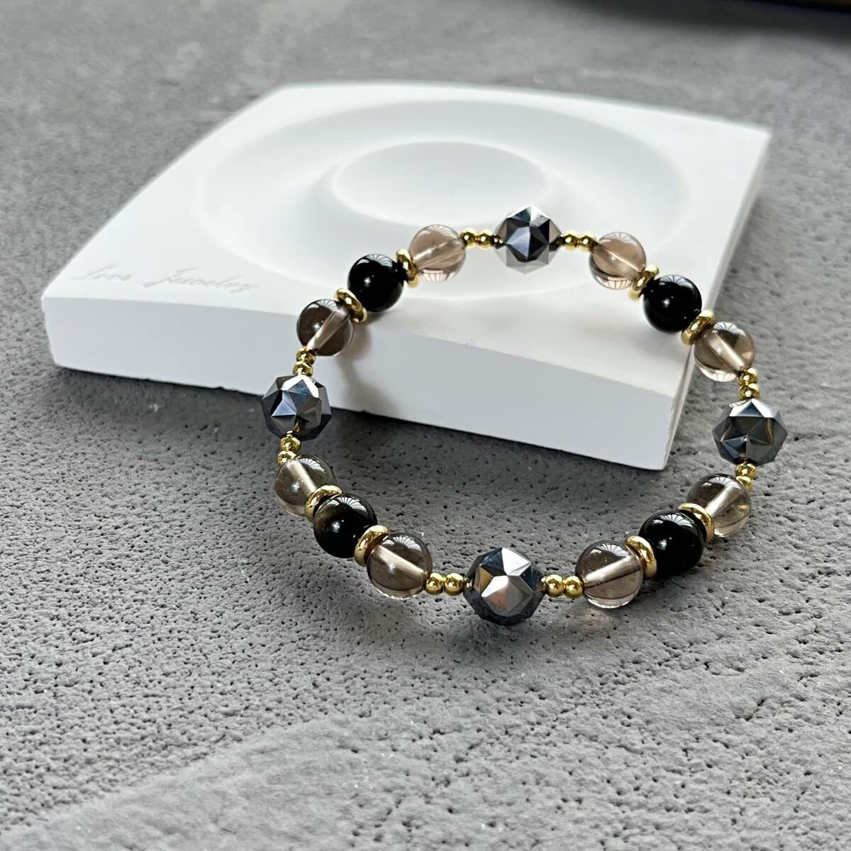 Women Terahertz Stone 18K Gold Natural Smoky Quartz Crystal Elastic Bracelet