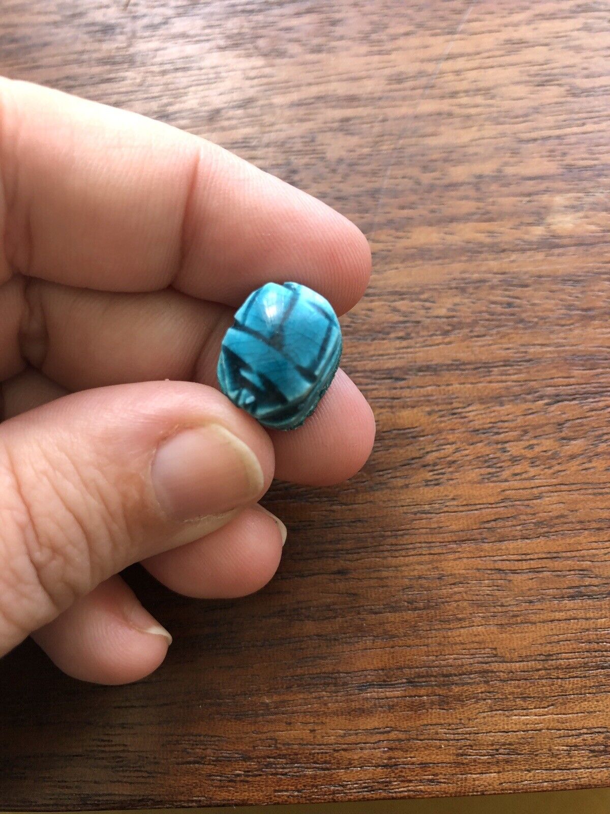 Small Vintage Antique Egyptian Carved Faience Scarab blue Beetle Focal Bead