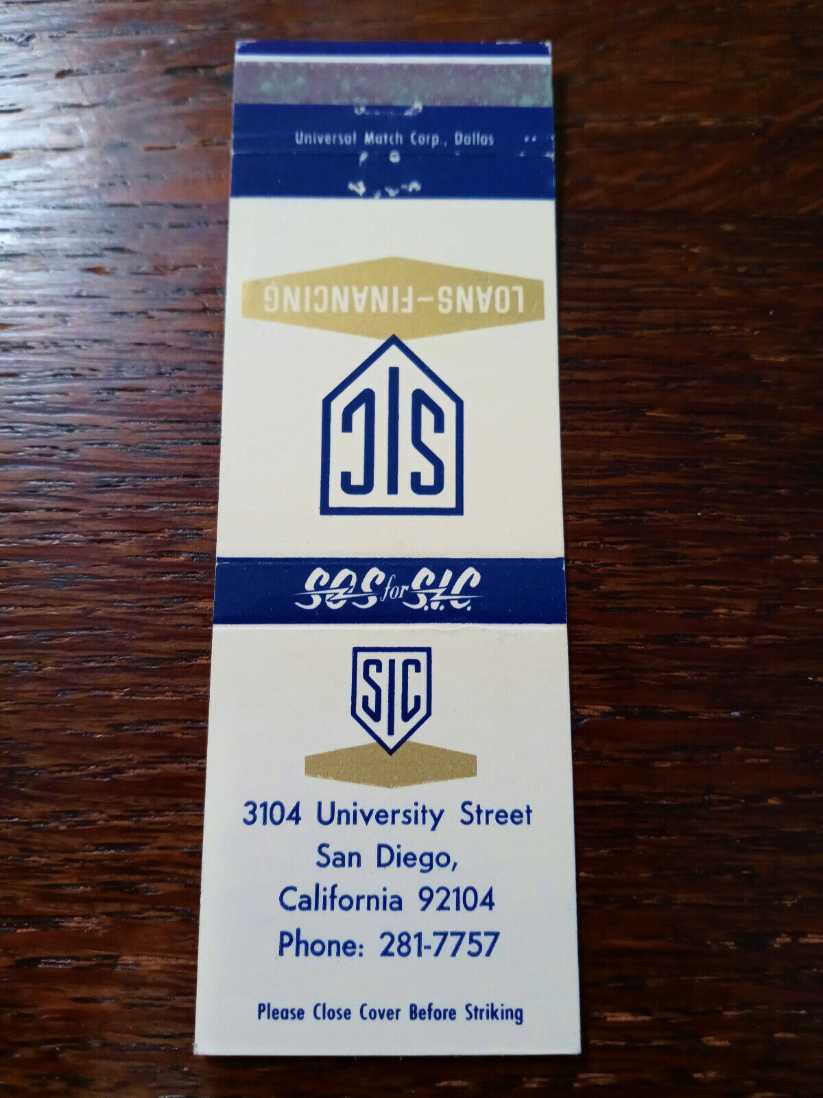 Vintage Matchcover: SIC Insurance & Financing, San Diego, CA