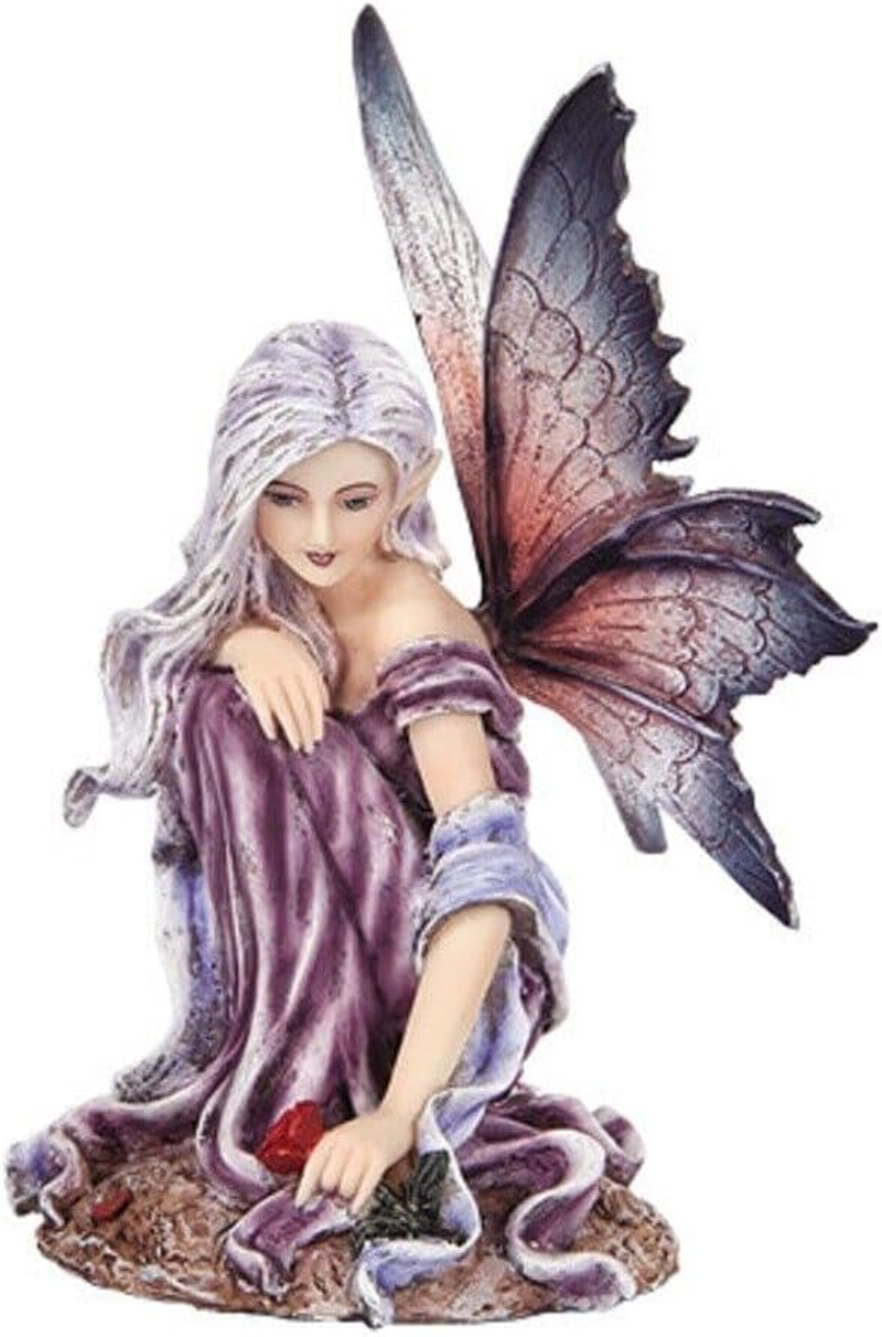 5.25 Inch Fairyland Purple Winged Fairy with Red Rose Statue Figurine