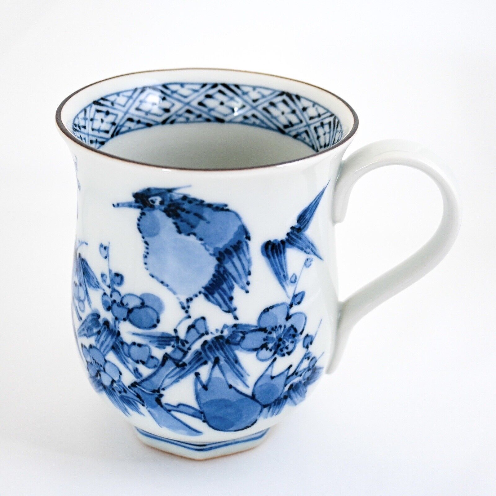 Vintage Japanese Mug Cup Blue & White Bird on the Plum Tree Porcelain Seto ware