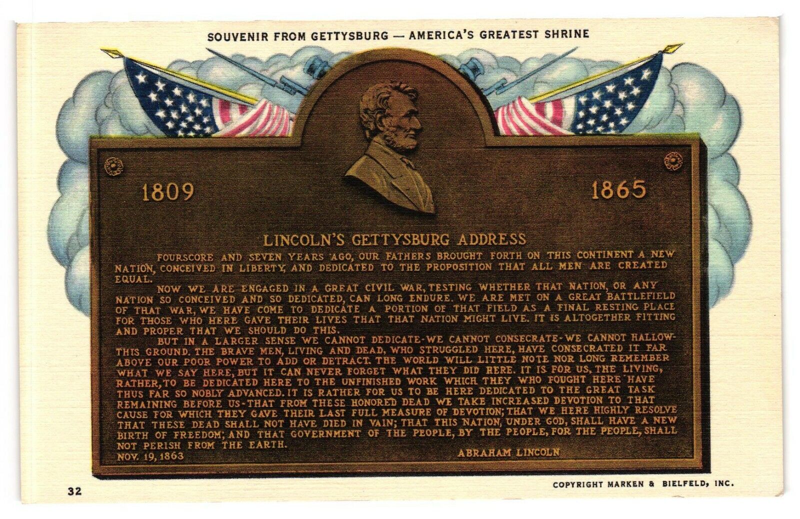 Vintage Used Postcard Plaque showing Gettysburg Address Abraham Lincoln PA