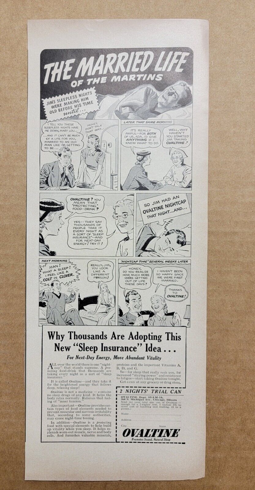 Vintage 1939 Ovaltine Married Life Print Ad Advertisement