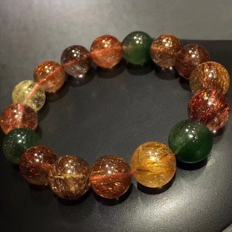 Natural Color   Rutilated Quartz Gemstone Crystal Round Bead Bracelet 13mm