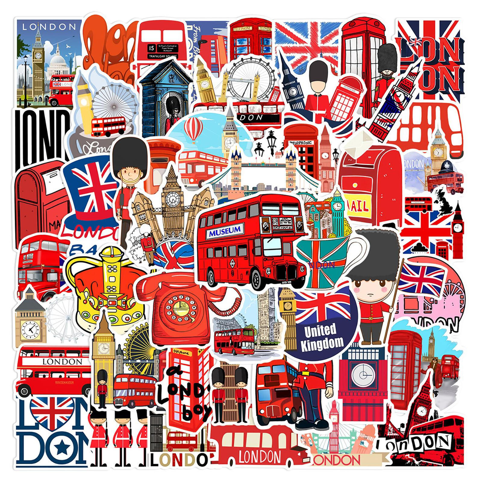 50x British Flag Sticker Union Jack London Red Buses Sticker For Luggage Window 