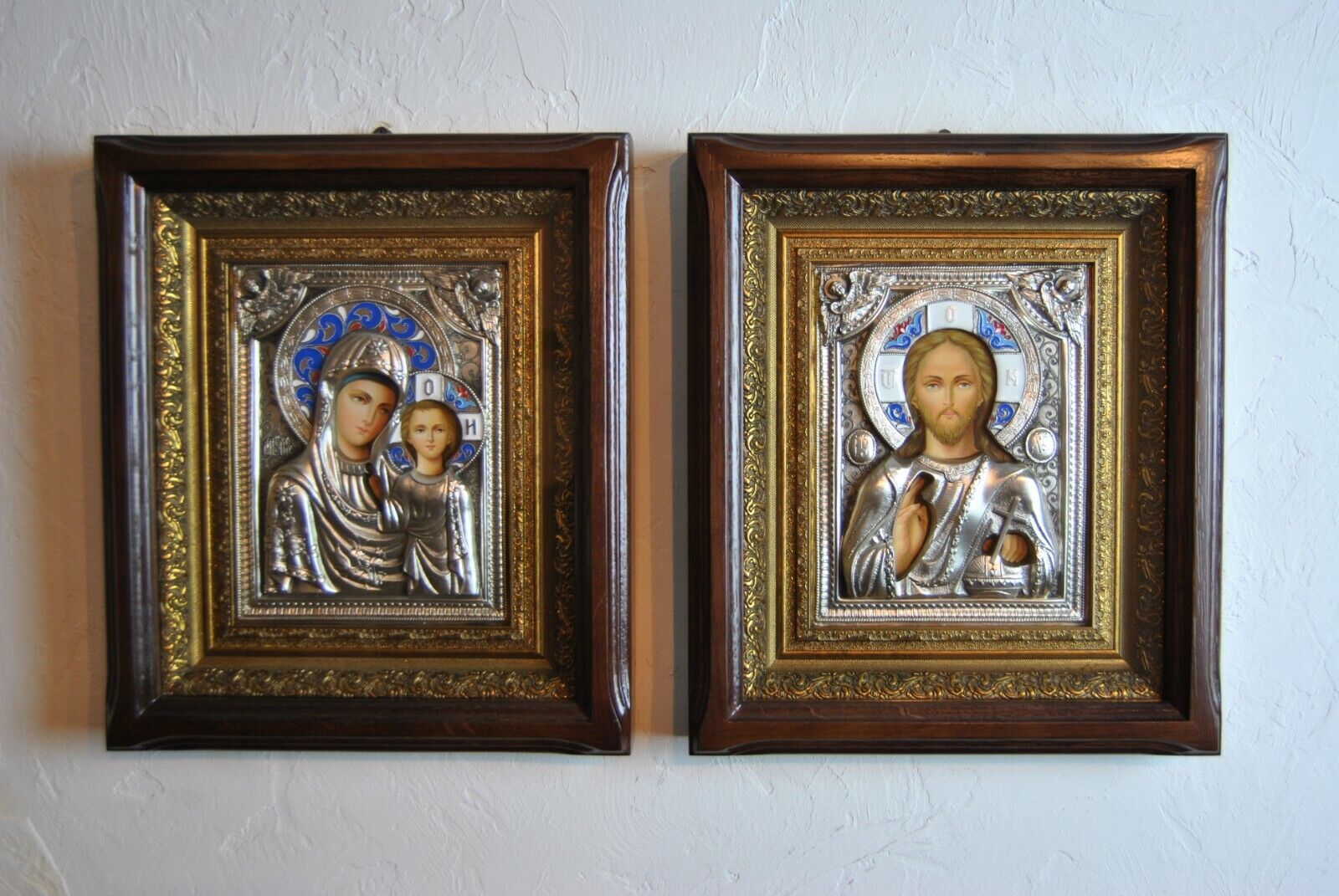 Orthodox silver plated pair of icons Kazan Mother of God and Lord Almighty