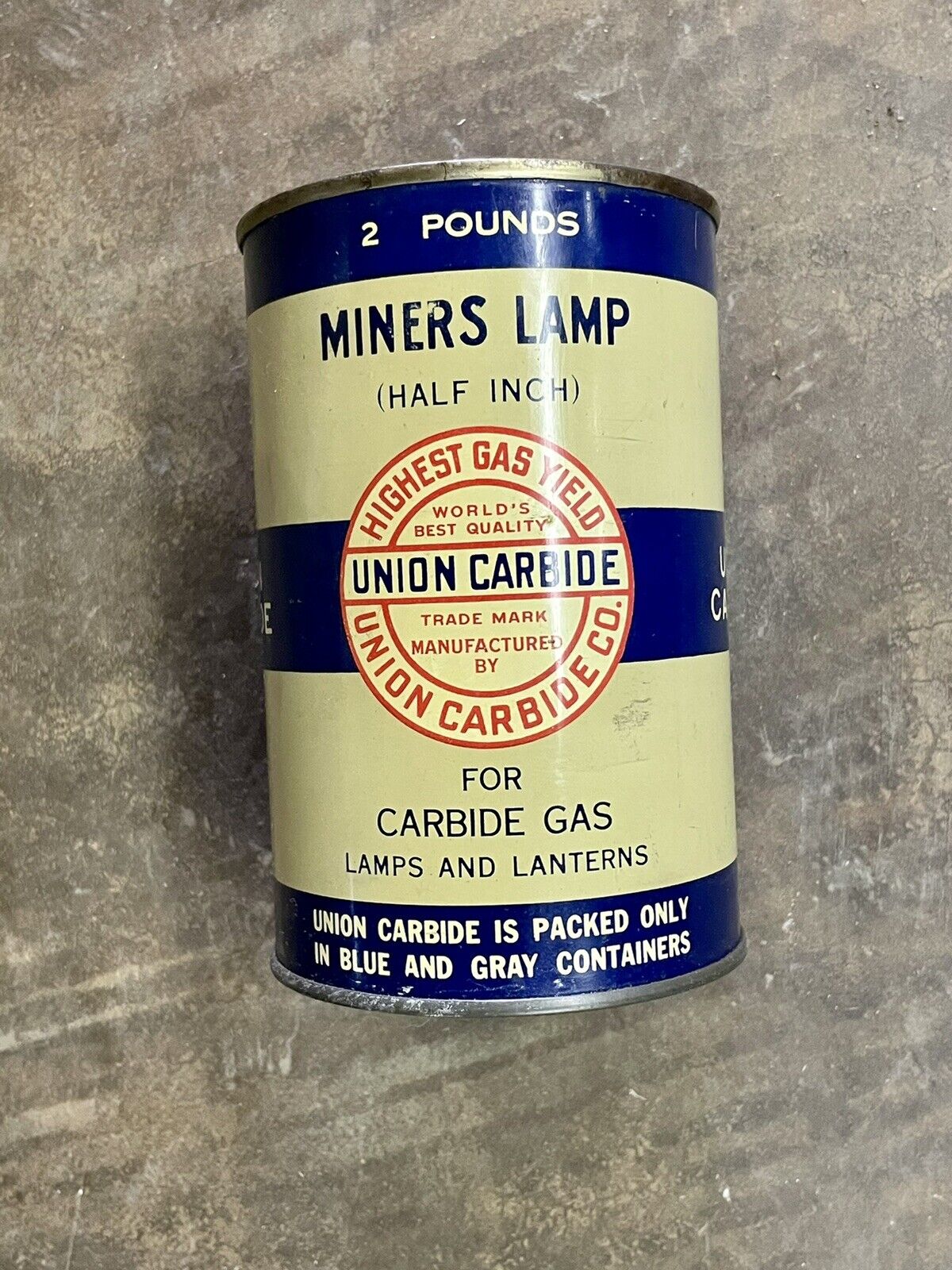 VINTAGE UNION CARBIDE Miners Lamp CALCIUM CARBIDE Can Full USA Blue Can 2lb