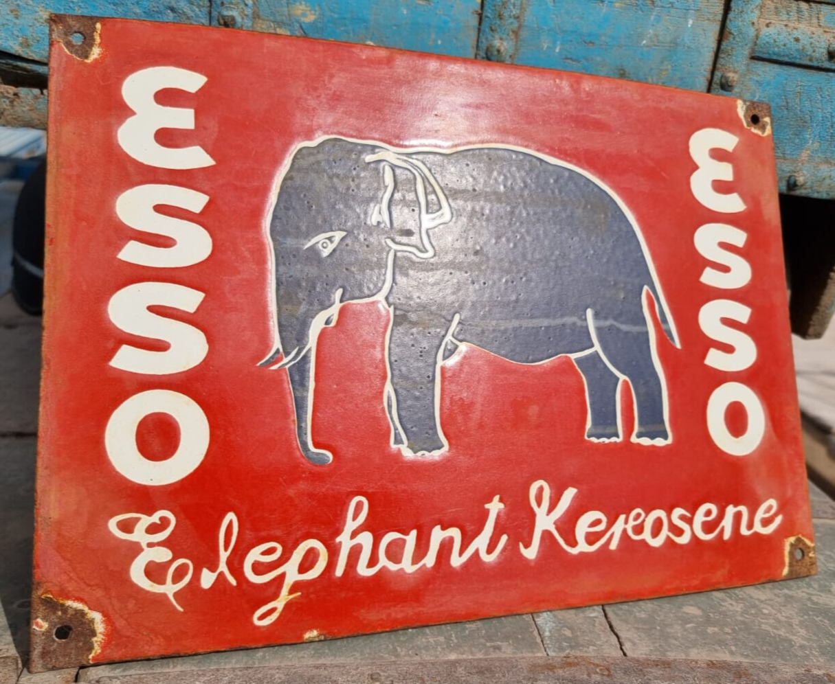 Vintage Old Rare ESSO Elephant Kerosene Oil Embossed Porcelain Enamel Sign Board