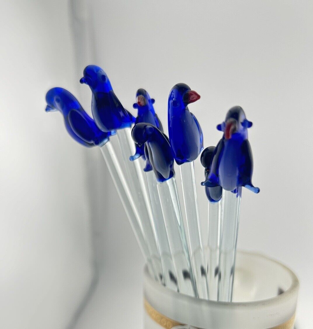 7 Vintage Blue Penguin Glass Swizzle Stir Sticks Barware Different Styles
