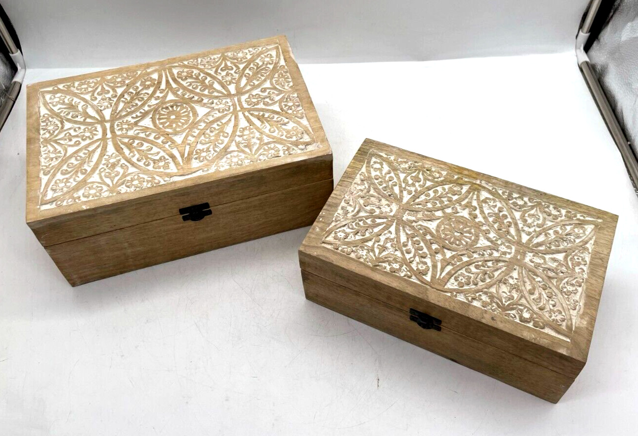Set of 2 Mandala Carved Wooden Box, Home Décor, Keepsake Box, Farmhouse, Modern