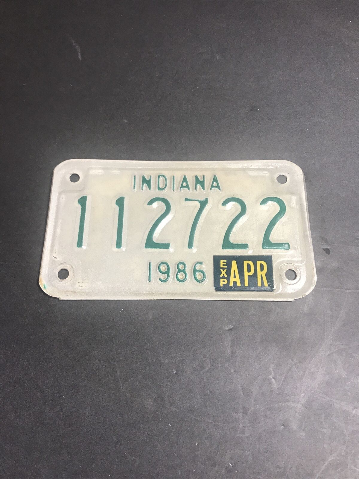 1986 INDIANA Motorcycle  License Plate Original Condition 112722