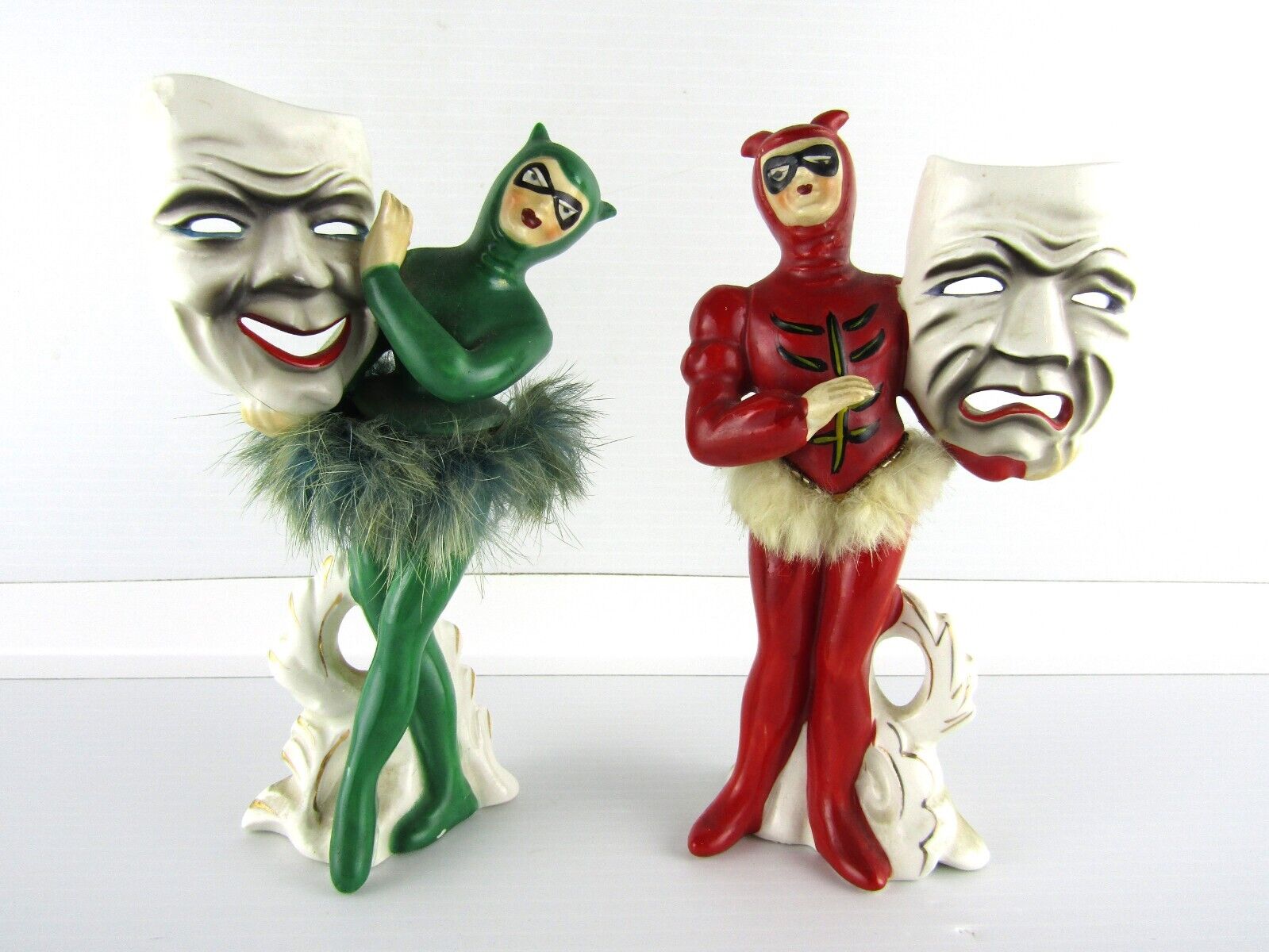 Vintage Enesco Sconso Green and Red Devil Ballerina Figurines Set w Comedy Mask