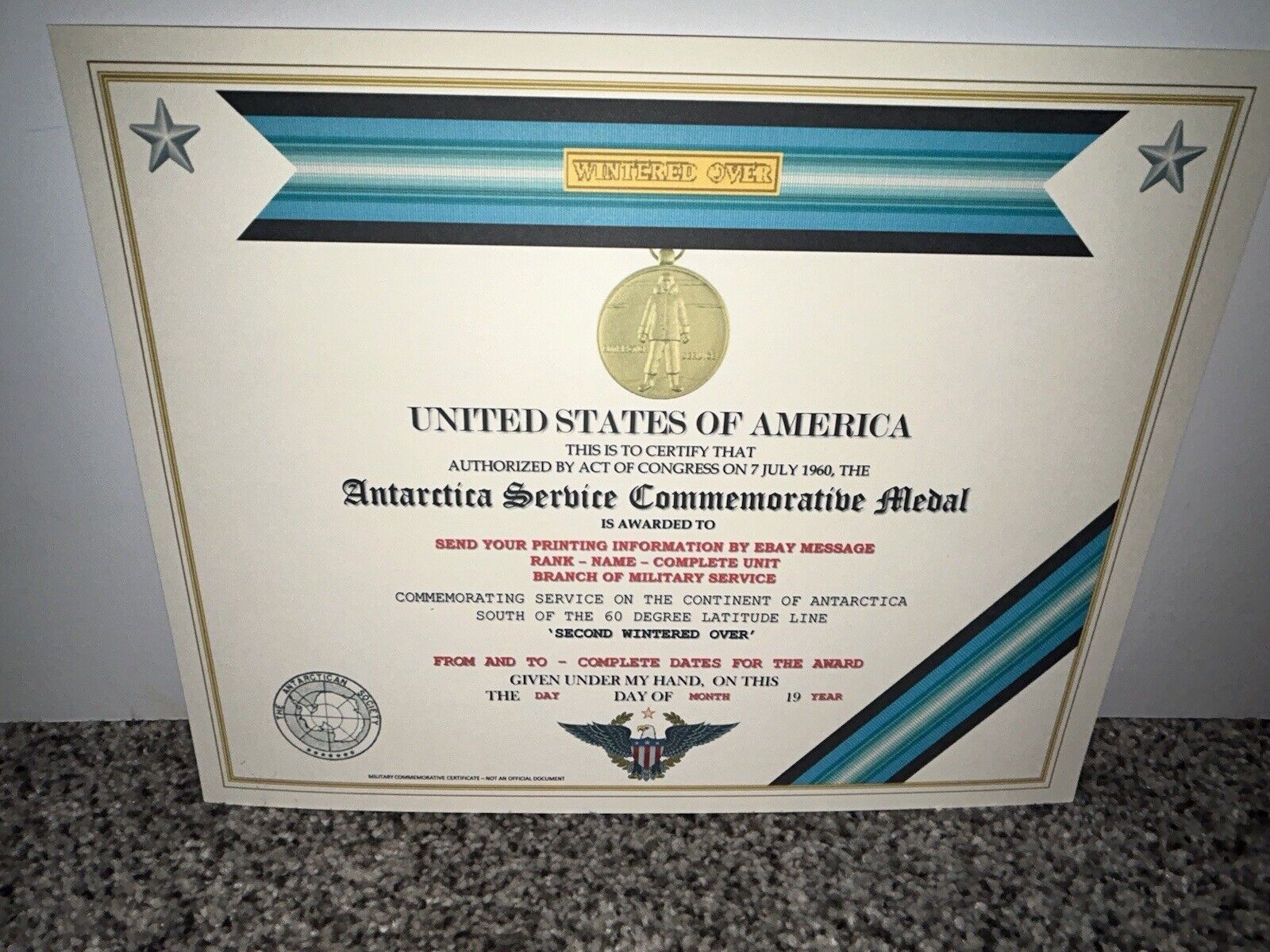 ANTARCTICA SERVICE MEDAL (2ND WINTER) COMMEMORATIVE CERTIFICATE ~ W/PRINTING T-1