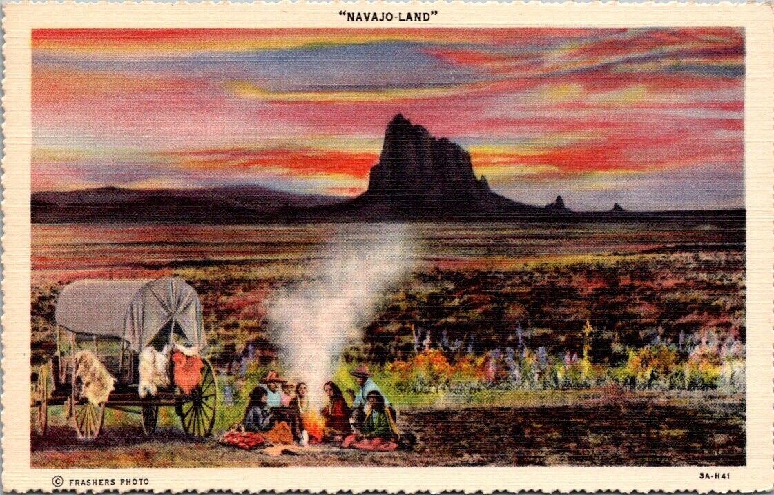 New Mexico NM Arizona AZ Navajo Land Sunset Wagon Indians Linen Vintage Postcard