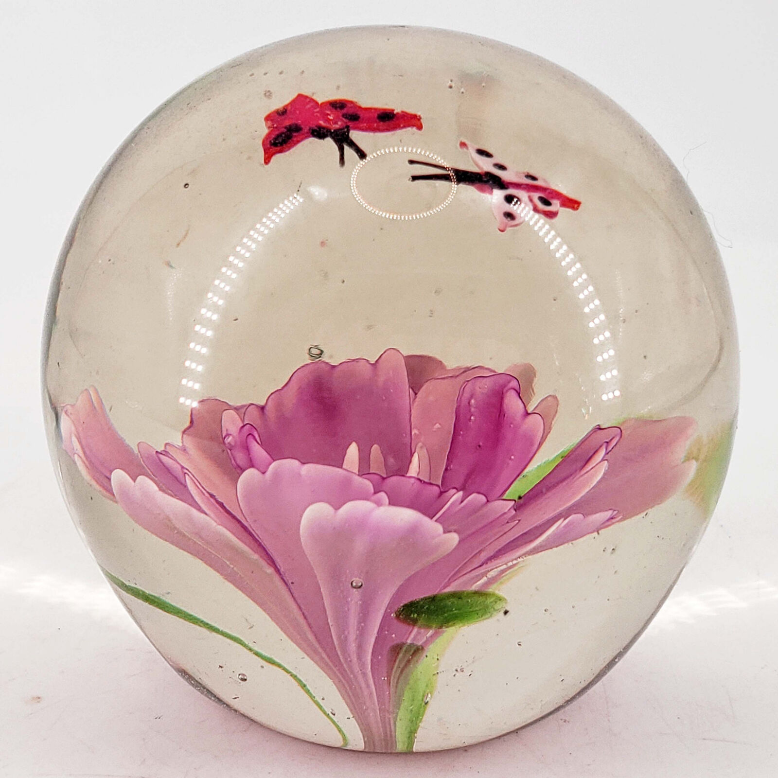Hand blown Studio Art Glass pink flower and butterflies paperweight