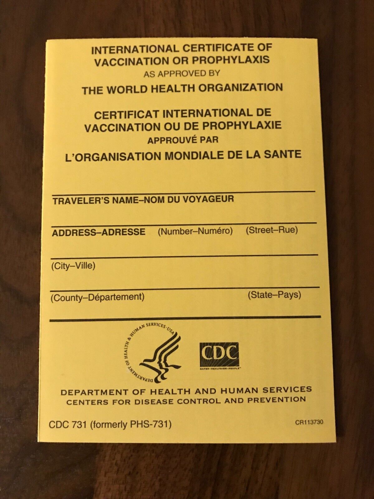 International Certificate of Vaccination - Yellow Card - Carte Jaune