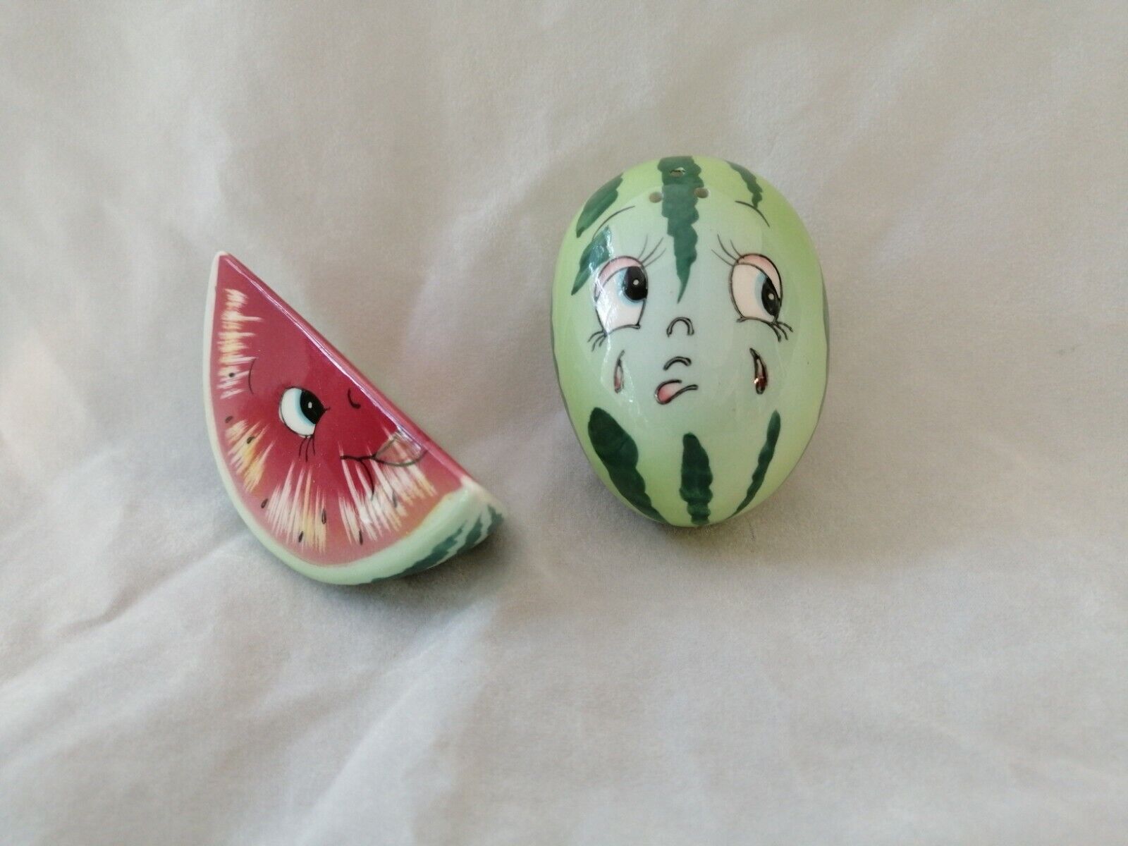 VINTAGE ANTHROPOMORPHIC PY WATERMELON AND SLICE OF MELON SALT AND PEPPER SHAKERS