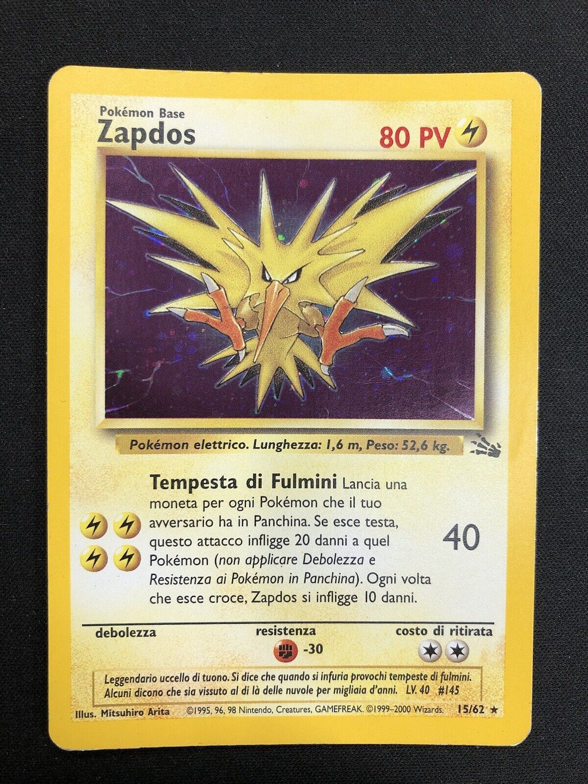 Zapdos 15/62 Fossil Rare Holo Unlimited Wizards ITA Vintage Card