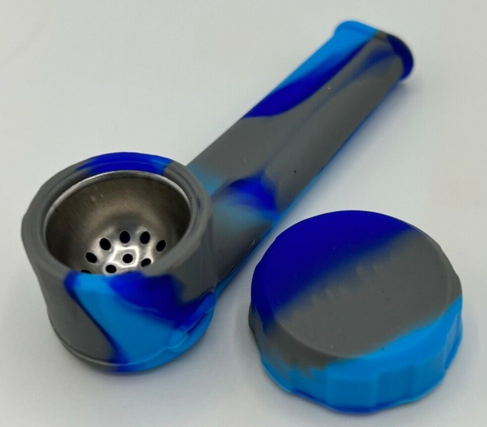 Silicone Smoking Pipe with Metal Bowl & Cap Lid | Lt Blue Gray Blue   | USA