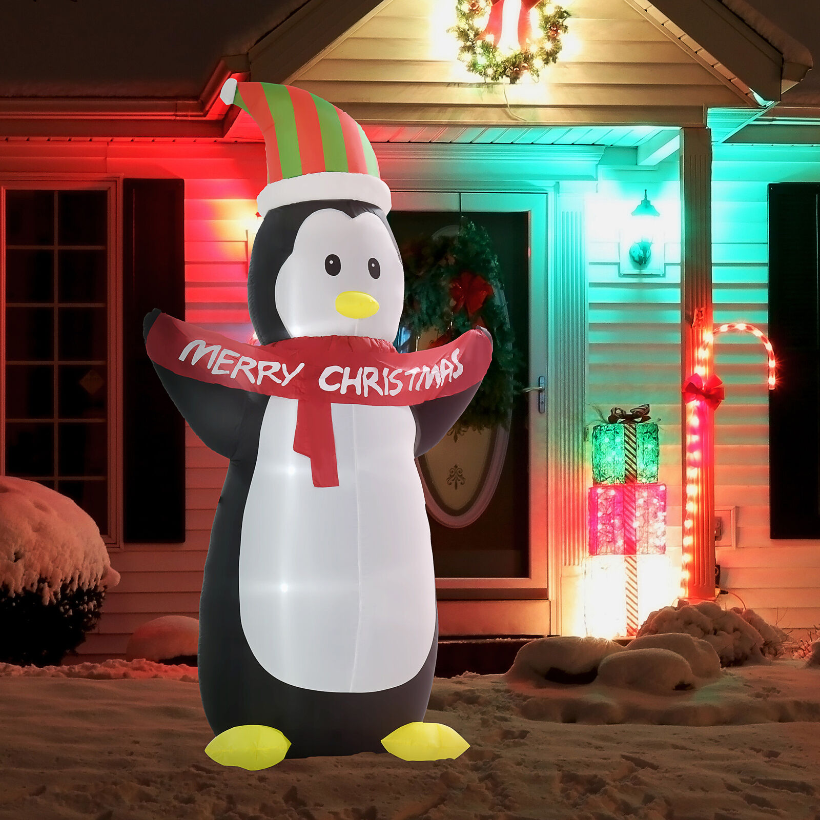 8' Inflatable Christmas Penguin Santa Hat Blow-Up Outdoor Display w/ LEDs