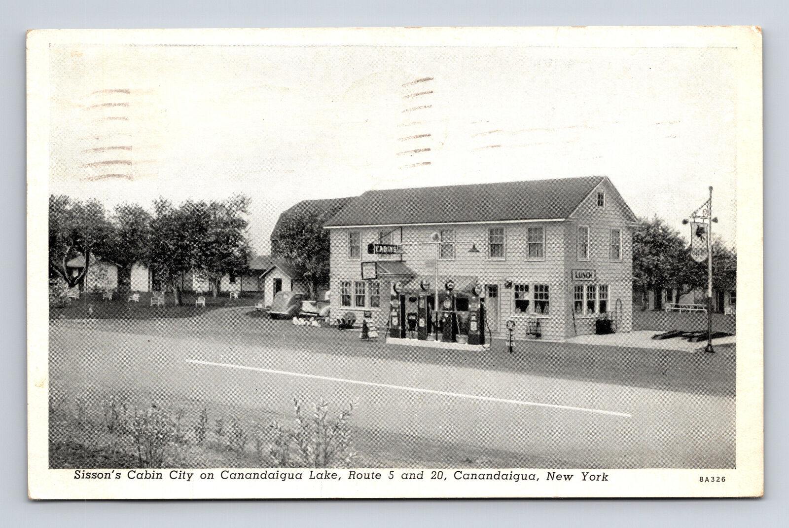 Sisson's Cabin City Motel Gas Station Restaurant Canandaigua Lake NY Postcard
