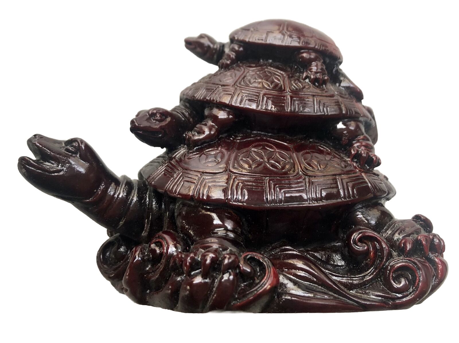 3 Generations Stacked Turtles Red Carved Figurine Feng Shui Wei Yi China Family
