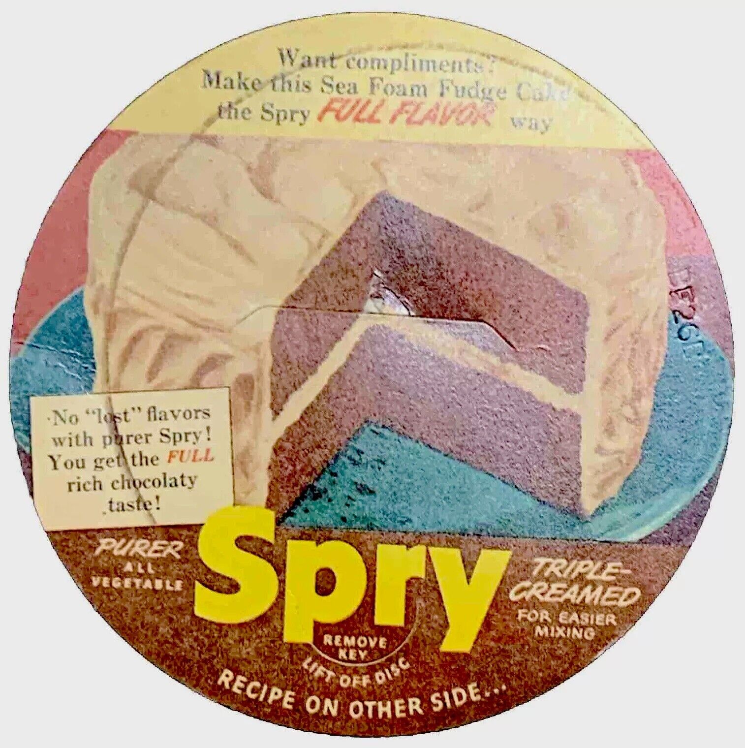 Vintage c1940s Aunt Jennys SPRY Shortning Recipe Round Dessert Can Label Ex.Con.