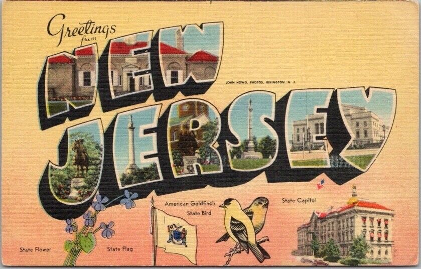 NEW JERSEY Large Letter Postcard State Capitol & Flower / Tichnor Linen - 1945