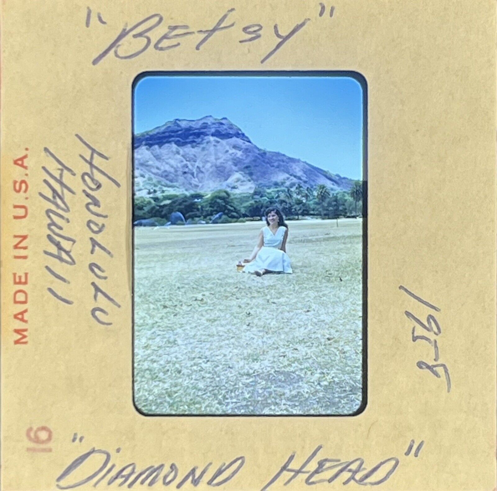 Vintage 35mm Film Slide 1958 Woman Diamond Head Hawaii Red Border Kodachrome
