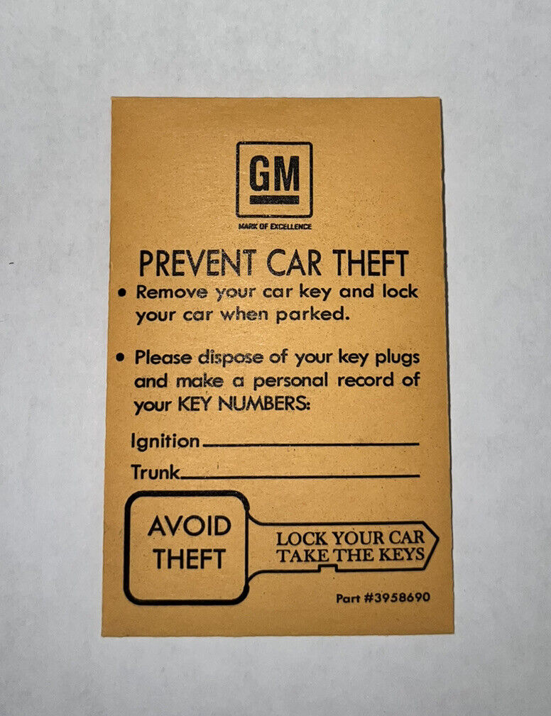 NEW 1969-1976 GM Key Envelope Prevent Car Theft Corvette Camaro Chevelle 3958690