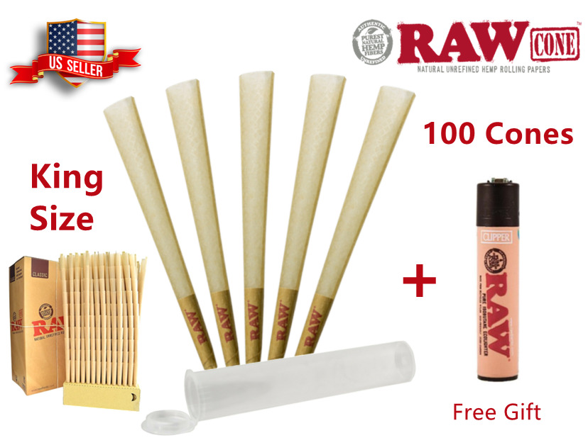 Authentic RAW Classic King Size Pre-Rolled Cones 100 Pack & Clipper Lighter Free
