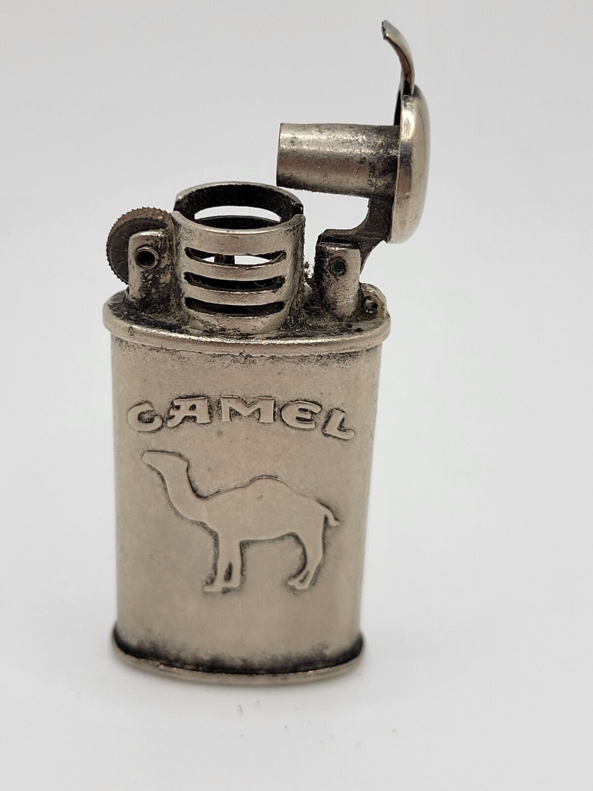 Vintage CAMEL Cigarettes Brushed Silver Finish Lift Arm Fluid Tank Lighter