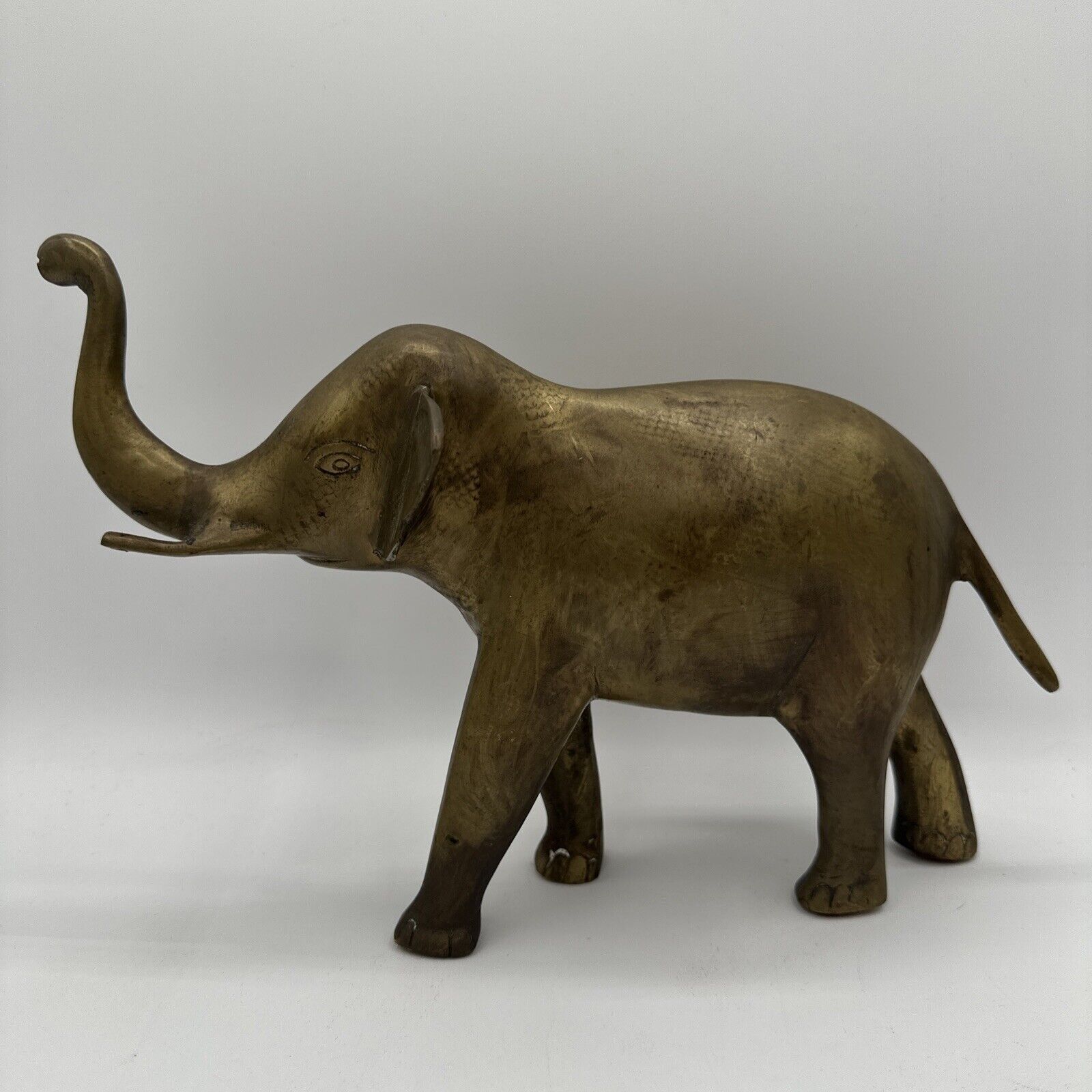 8” Vintage Brass Elephant Sculptural Statue & Raised Trunk Lucky