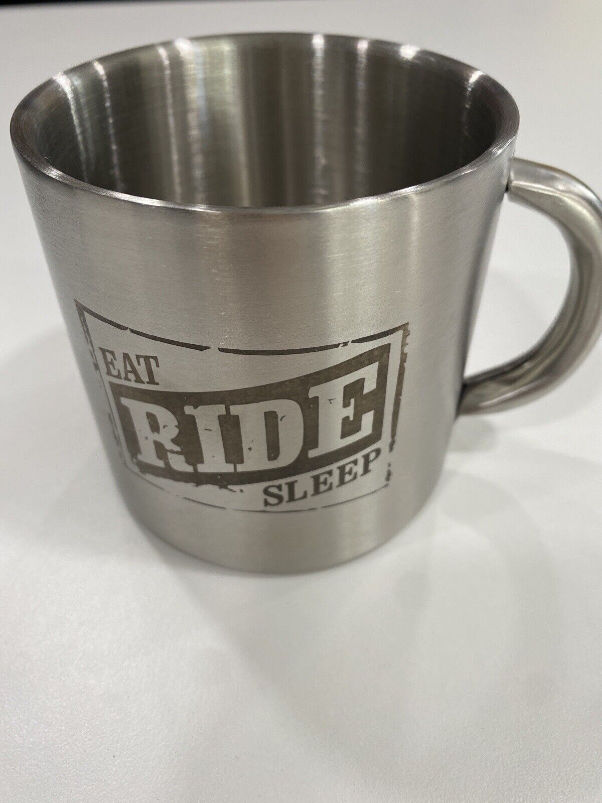 Eat Ride Sleep Stainless Steel Coffee Beverage Mugs Cups Set of 4 New In Box