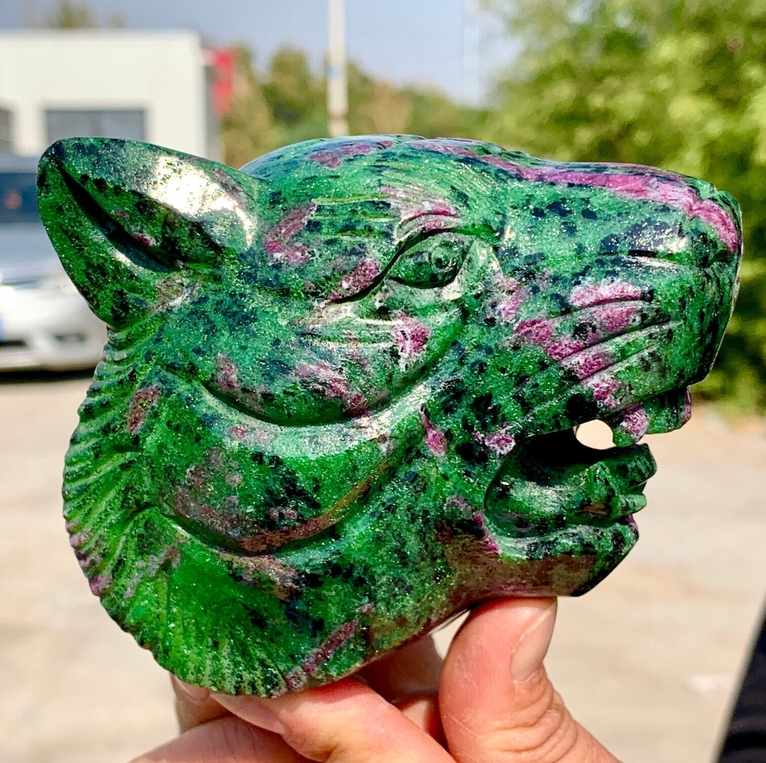 2.31LB Natural green Ruby zoisite (anylite) Handcarved Tigerhead crystal Healing