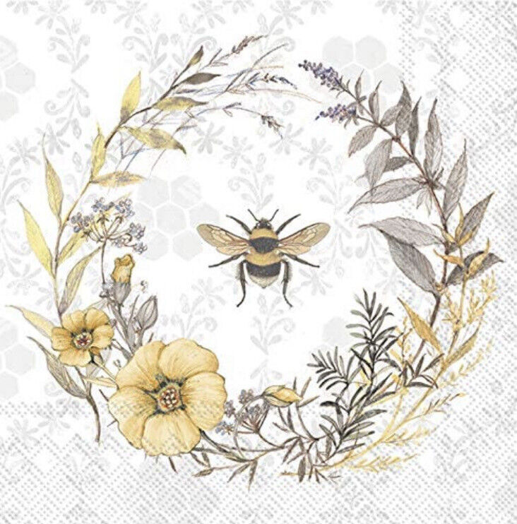 TWO Individual Paper Cocktail Decoupage Napkins Honeybee Wildflower Wreath