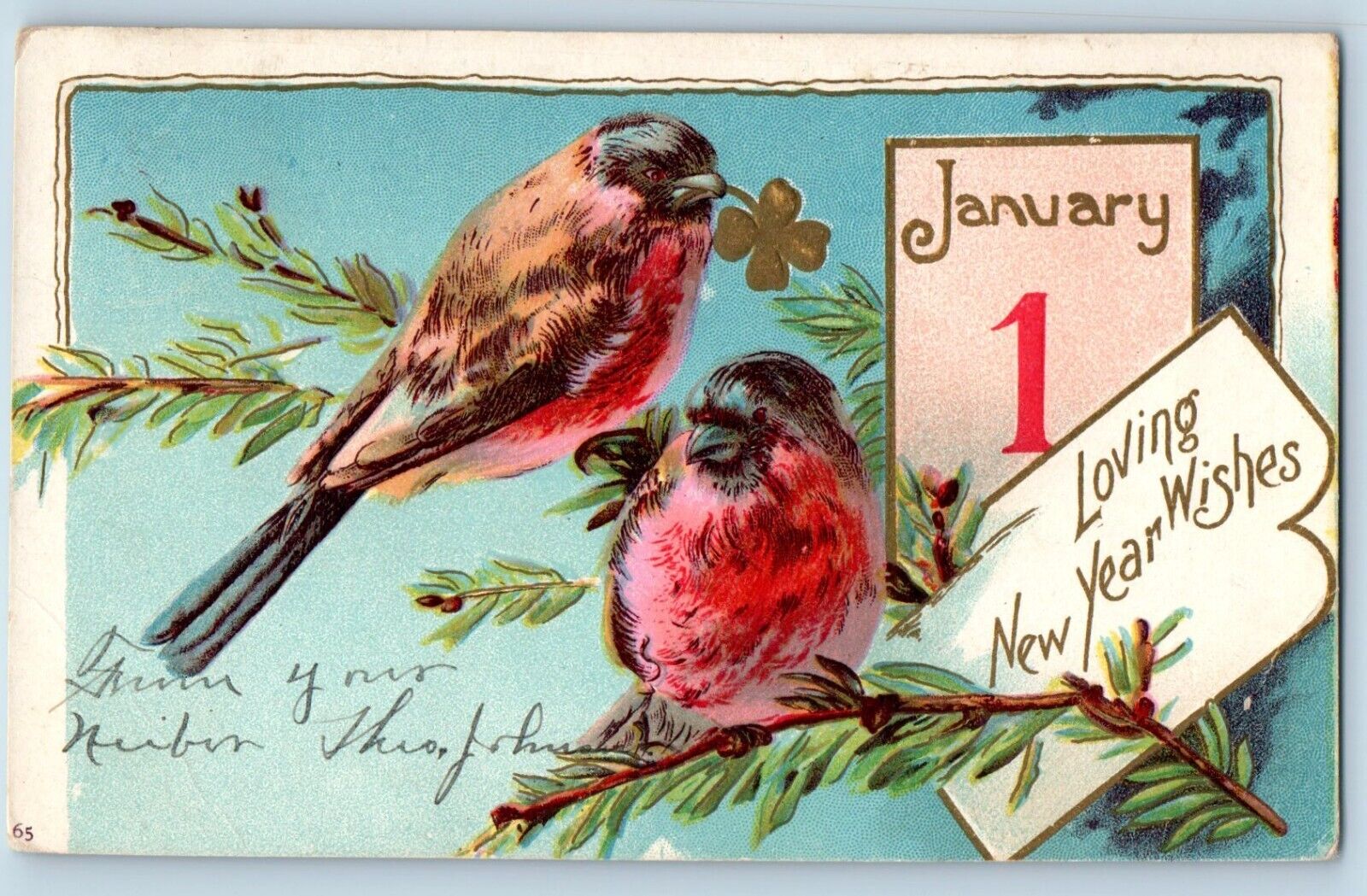 Hazen ND Postcard New Year Wishes Birds With Clover Clapsaddle Embossed c1905