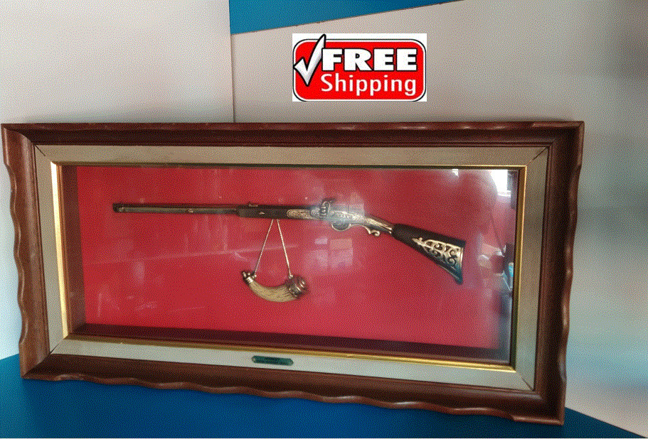 Musket With Powder Horn Vintage Wall  Art Wooden Framed. 34 inch x16 inch
