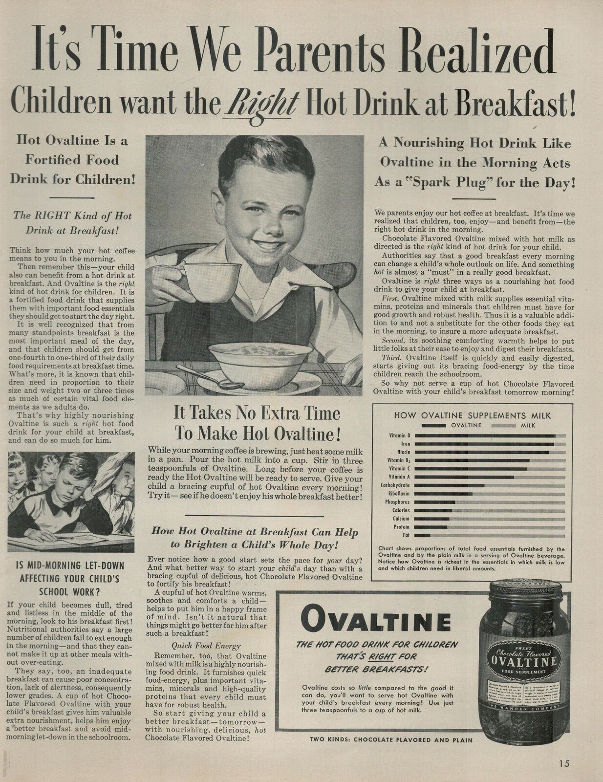 1951 Ovaltine Food Supplement for Children Child Breakfast Vintage Print Ad 1291