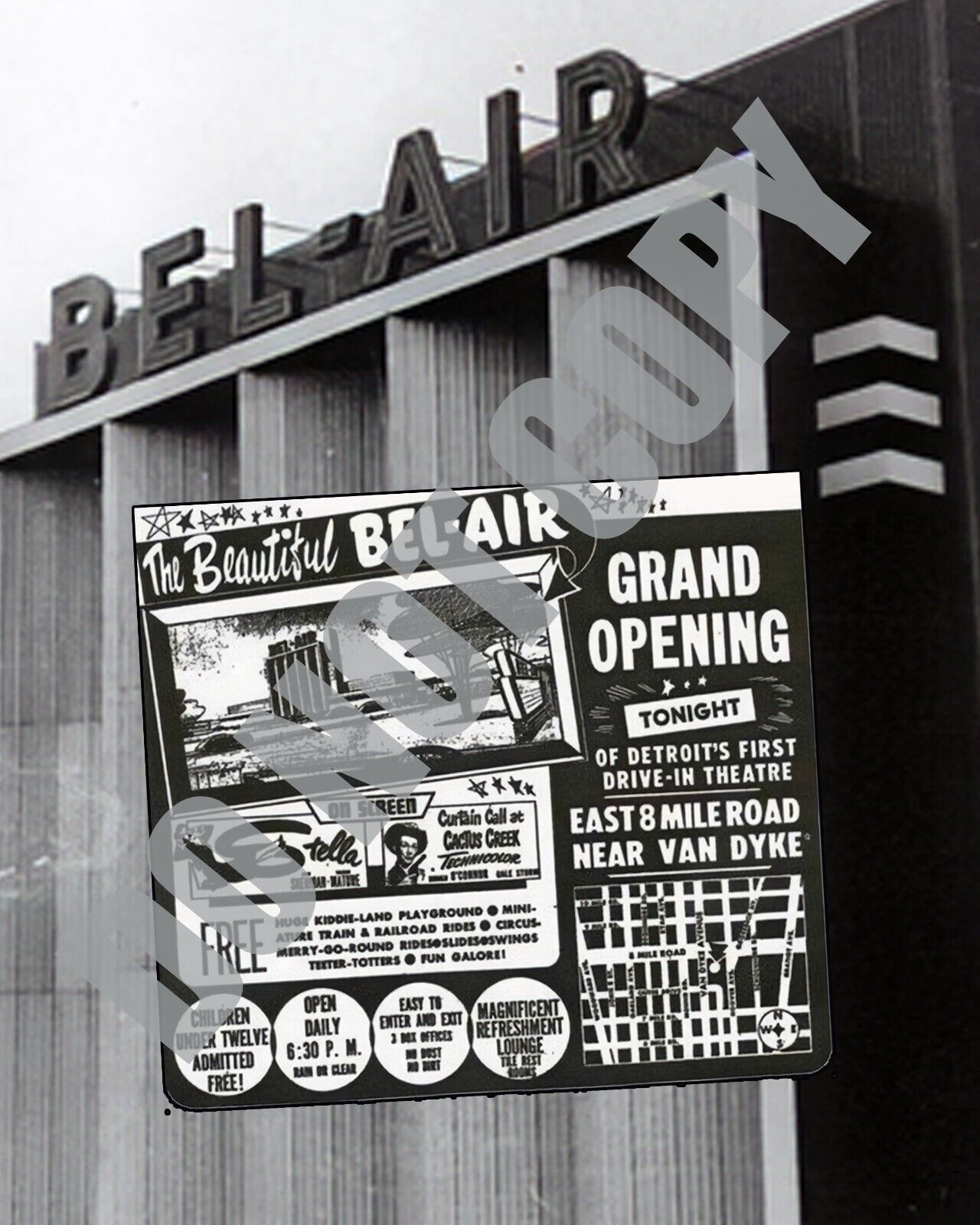 1950\'s Bel-Air Drive-In Detroit Grand Opening Newspaper Ad 8x10 Photo