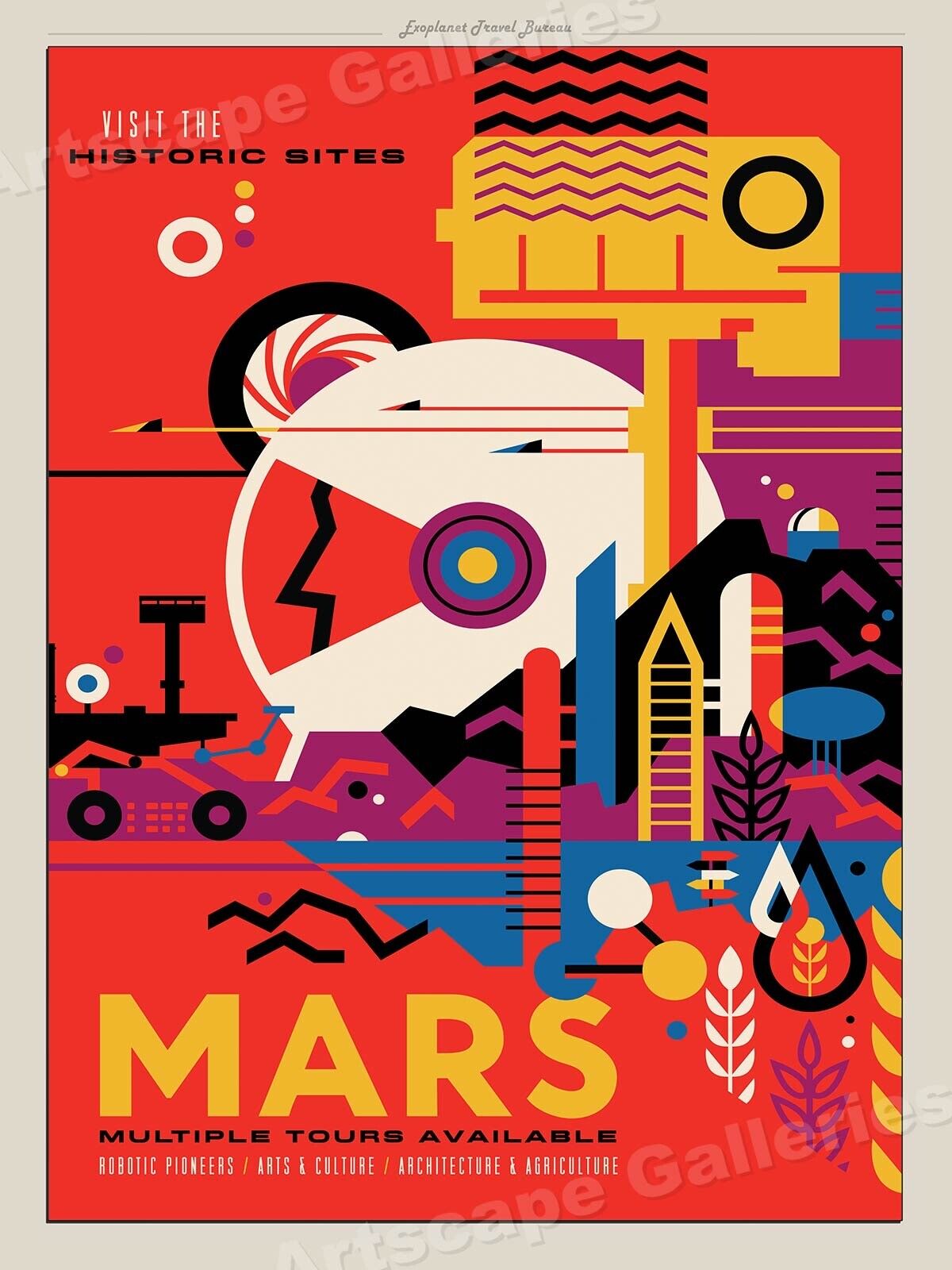Retro Style Space Exploration Poster - Visit Historic Sites on Mars - 18x24