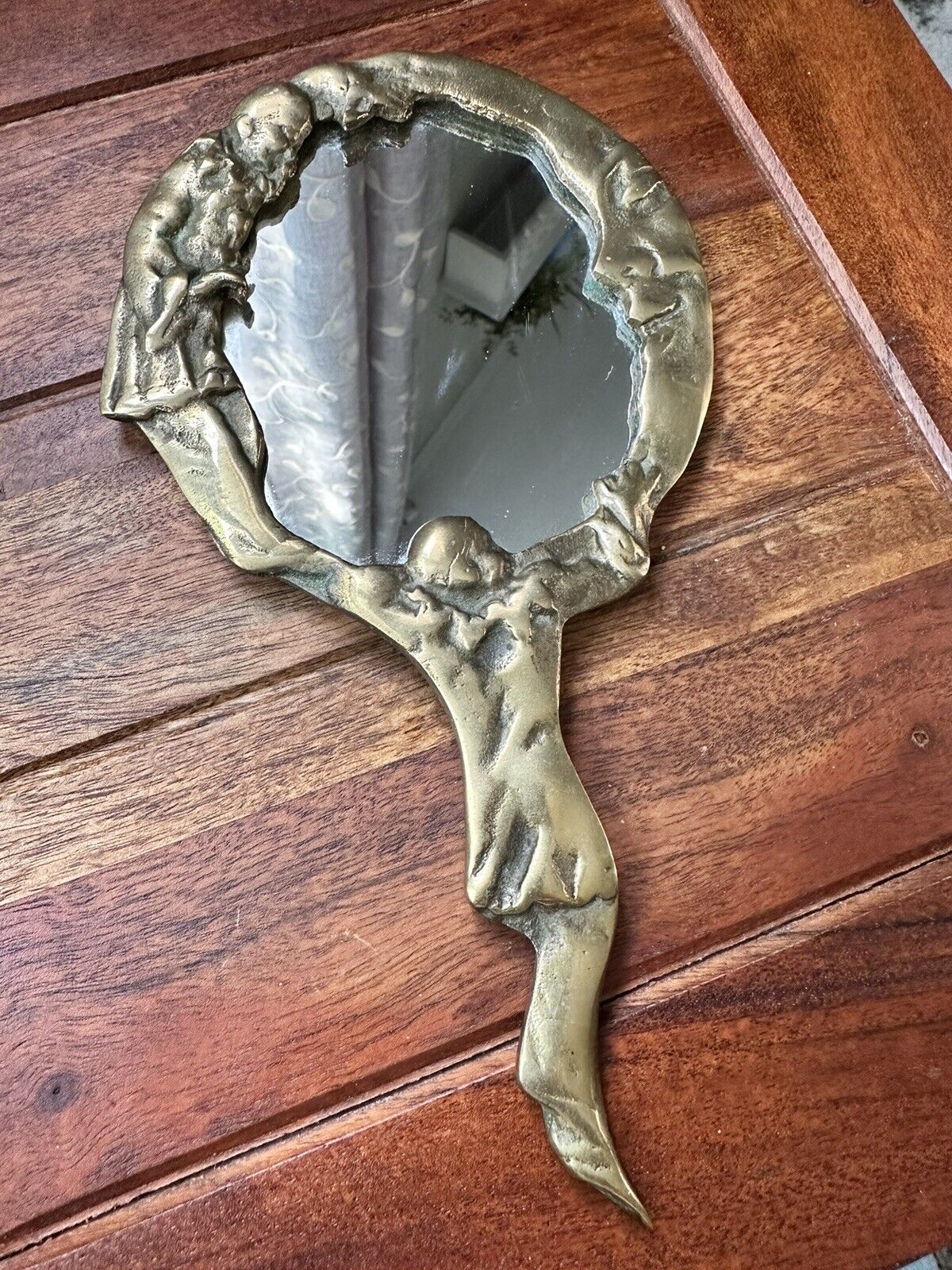 Vintage Dallas Rhyne Brass Hand Mirror With Pierrot Clowns and Moon