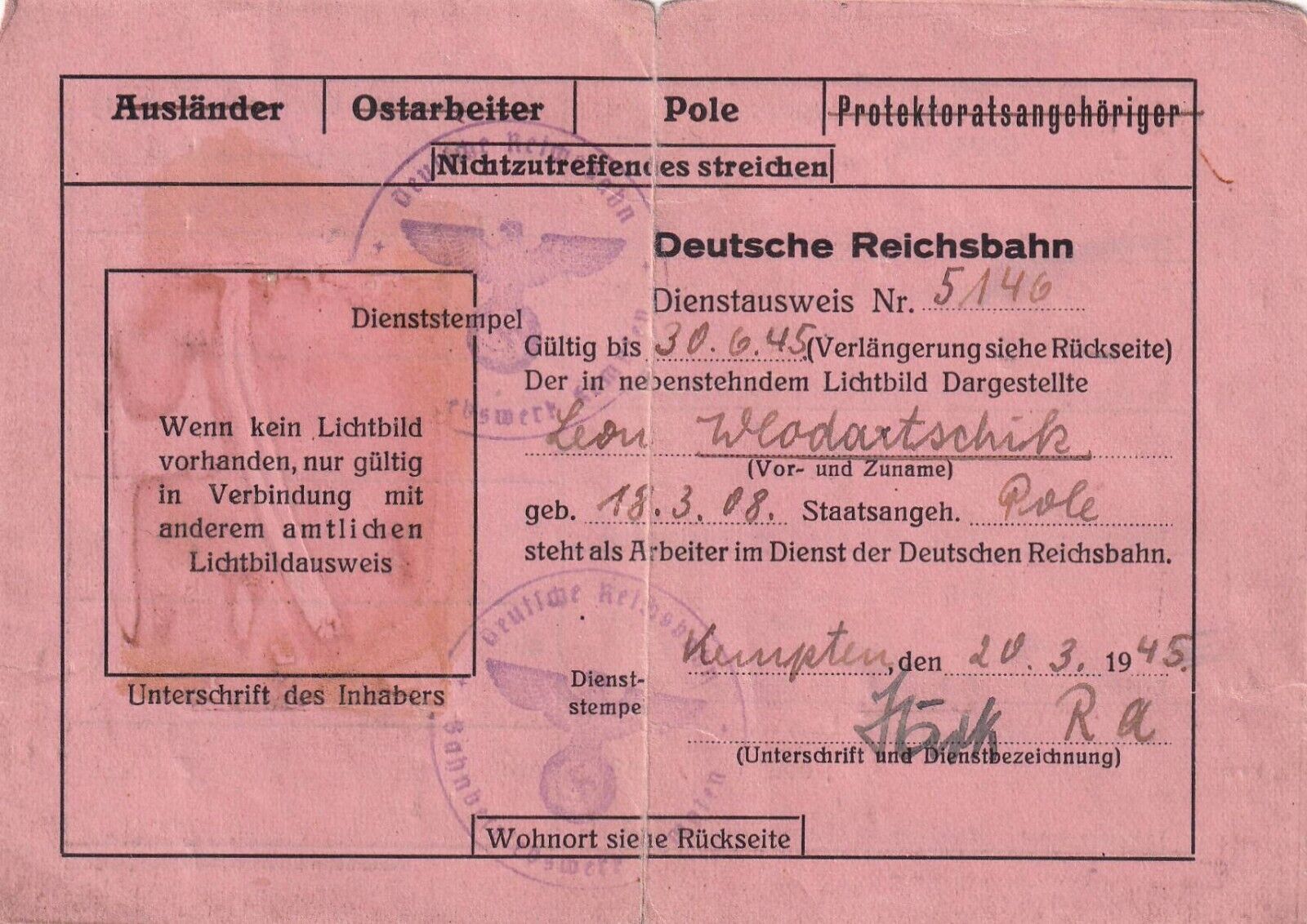 WW2 ID card Dienstausweis Polish Polish forced laborer personal ID ausweis 1945