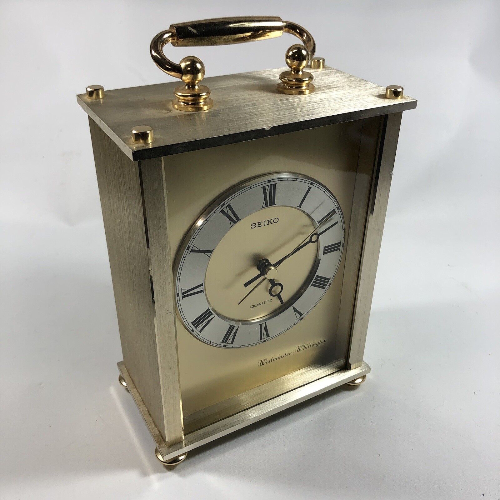 Seiko Japan Vintage Brushed Brass And Glass Chime Desk Mantle Clock Modern