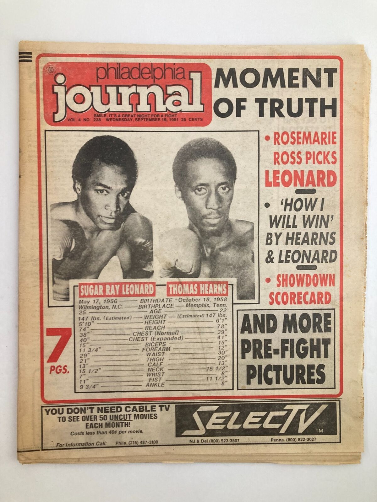 Philadelphia Journal Tabloid September 16 1981 Sugar Ray Leonard v Thomas Hearns