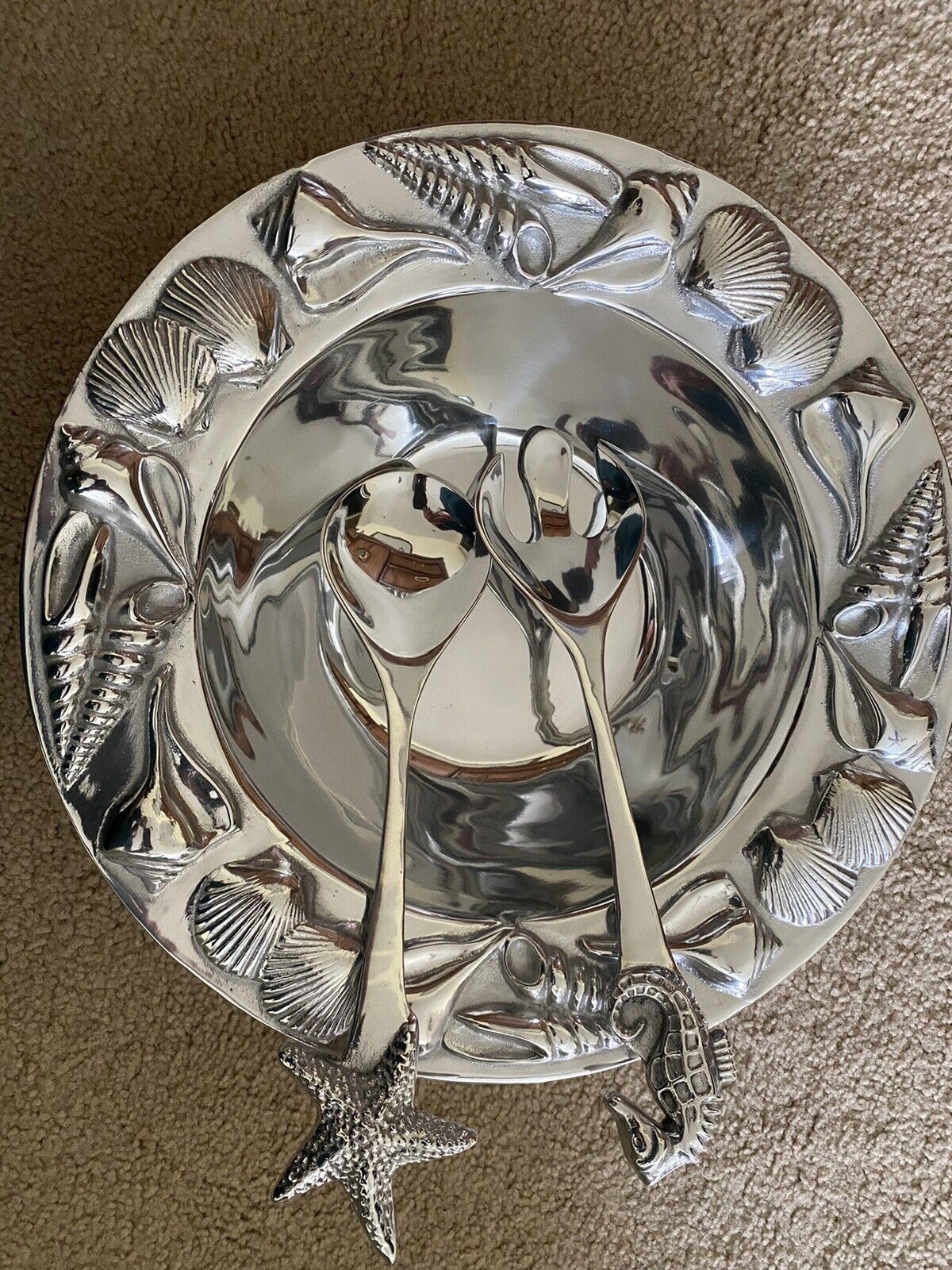 NEW Mariposa Brillante 1993 Large Metal Serving Bowl & Utensils Made In Mexico