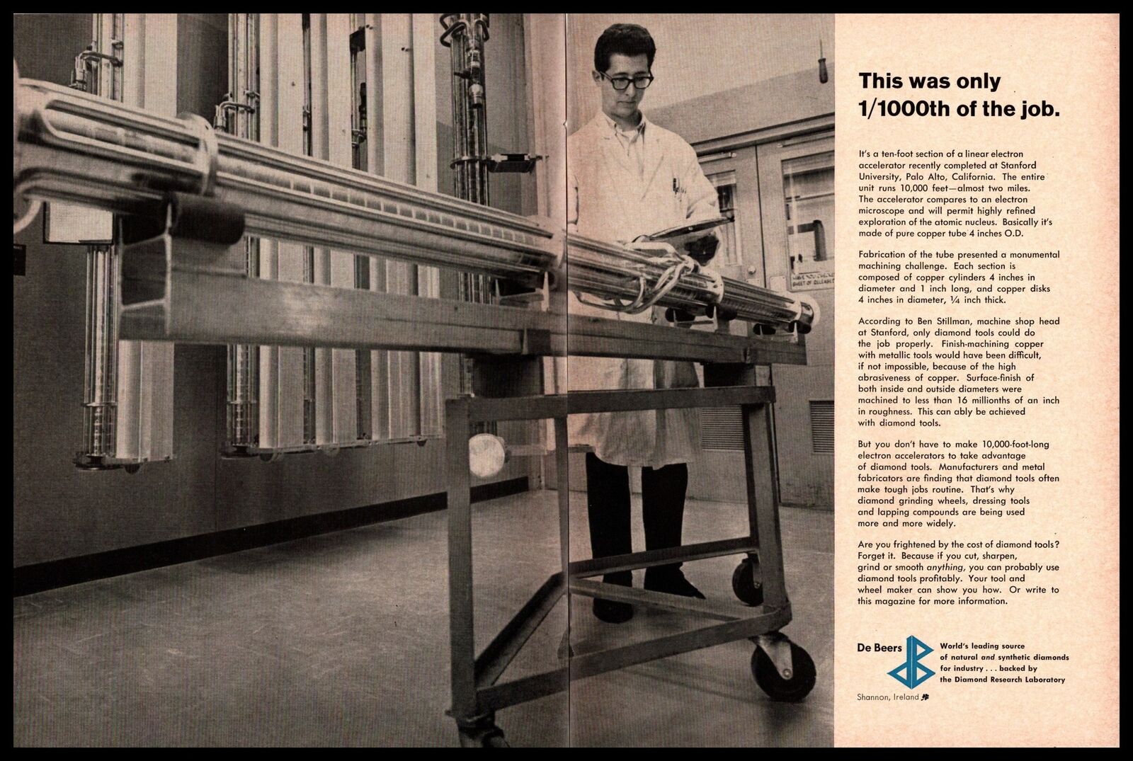 1967 De Beers Diamonds Electron Accelerator Stanford University 2-Page Print Ad