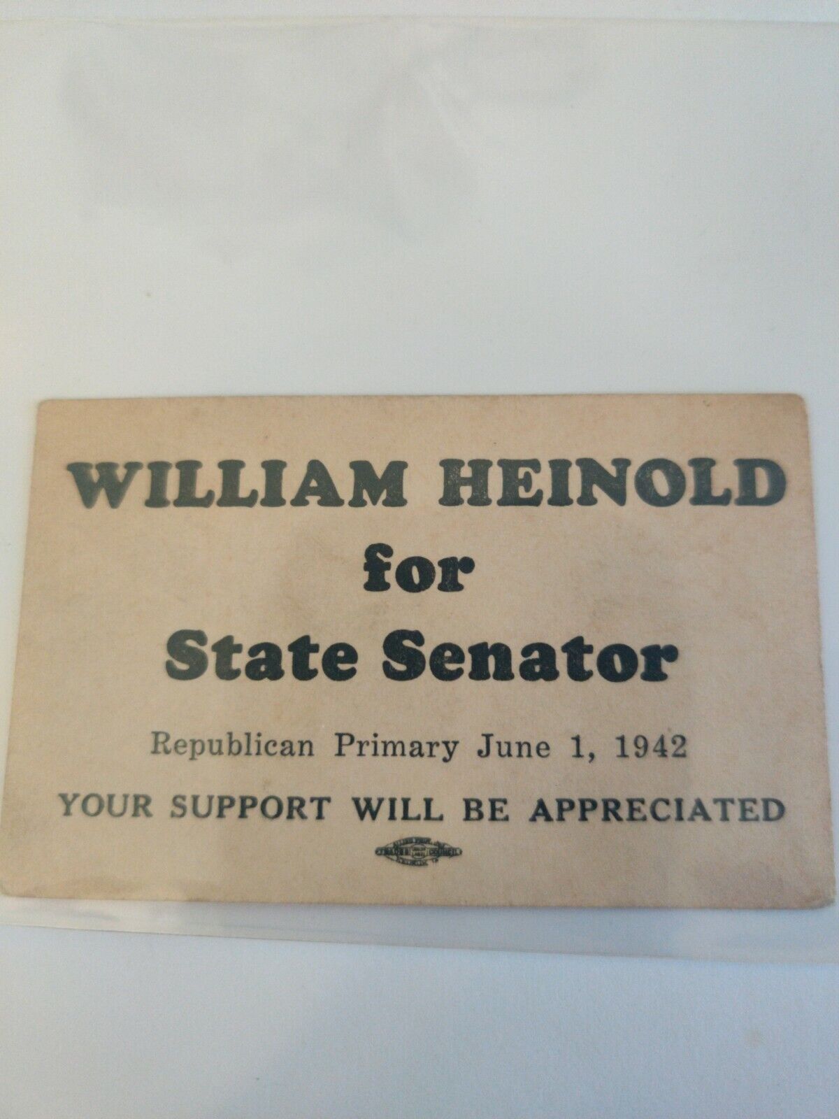 vintage business card william heinold for state senator june 1 1942