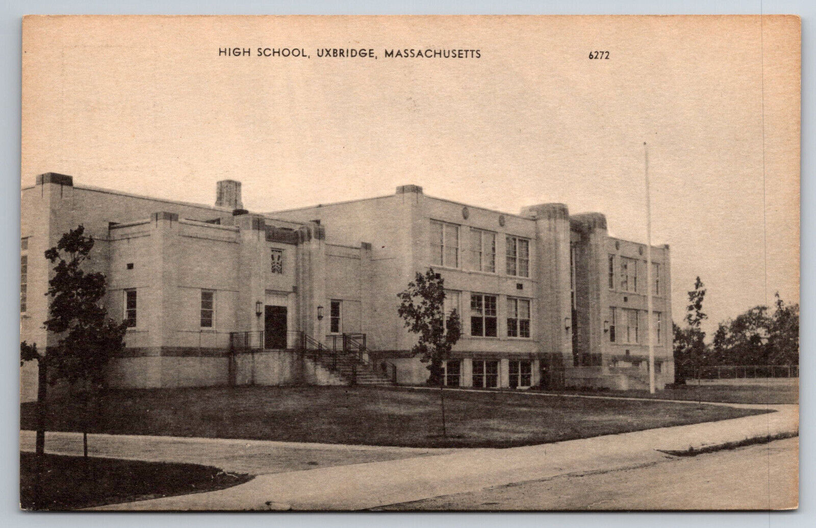 Vintage Postcard MA Uxbridge High School Street View ~7328